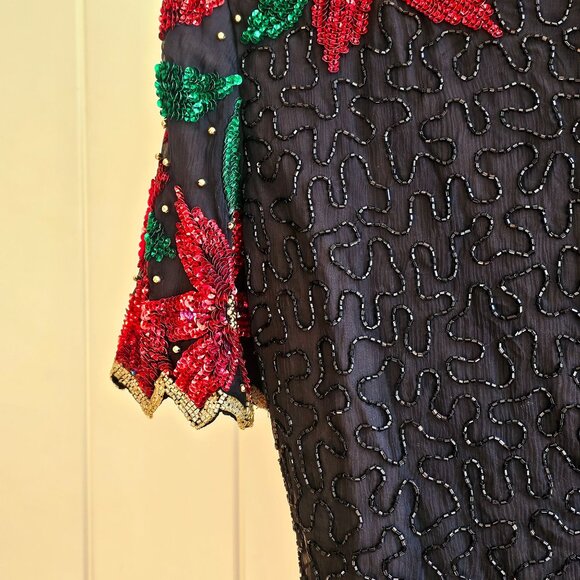 Vtg SCALA Silk Sequin Beaded Christmas Poinsettia Short Sleeve Top EXCELLENT - Picture 15 of 16